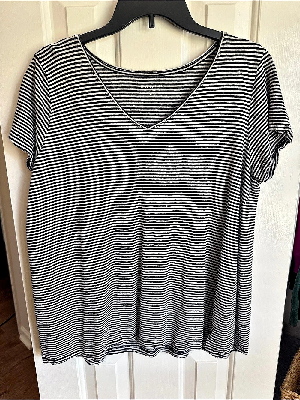 Eileen Fisher Striped Short Sleeve Top in Black & White Size XL